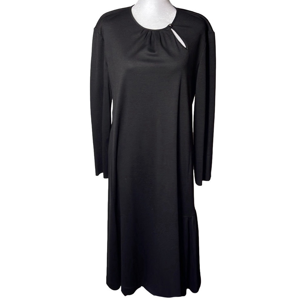 Salvatore Ferragamo Black Wool Midi Dress Keyhole Neck Long Sleeve Ruffle Hem